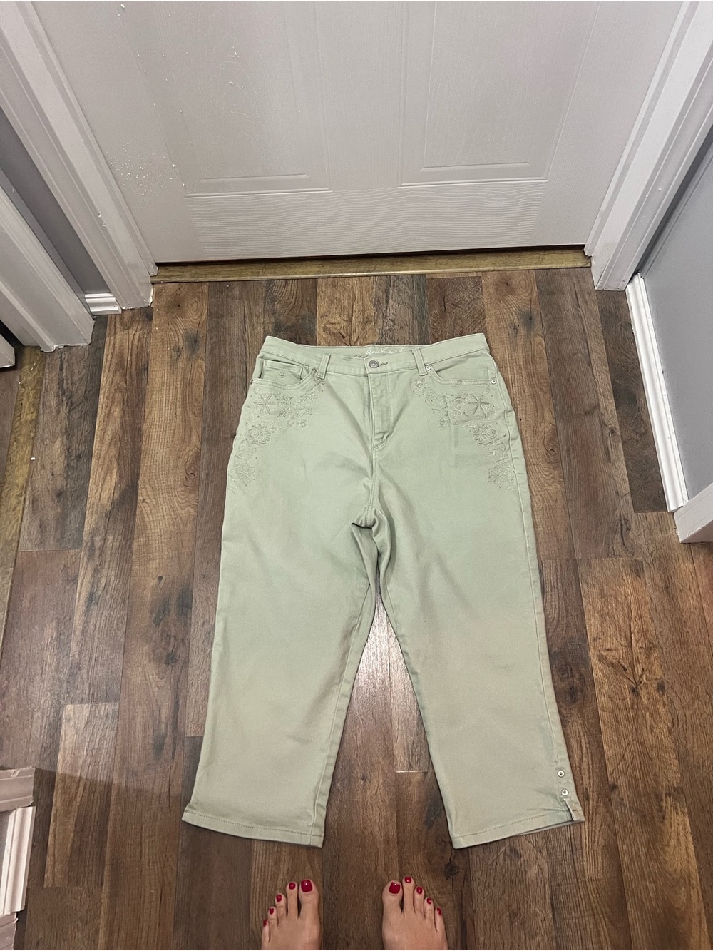 Women's Light Sage Embroidered with studded Sparkle Capri Jeans
